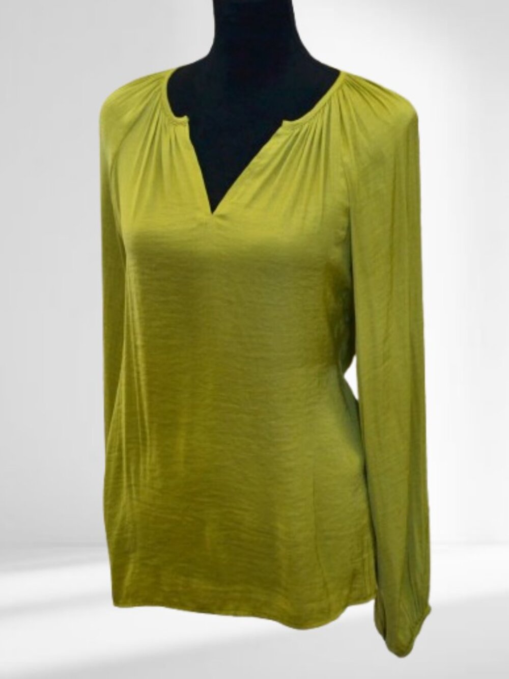 Calvin Klein Chartreuse satin Blouse Pleated V-neck Long Sleeve MEDIUM